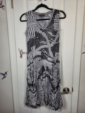 Carine Animal Print Sleeveless Midi Dress w/ Pockets Grey White Lagenlook Small